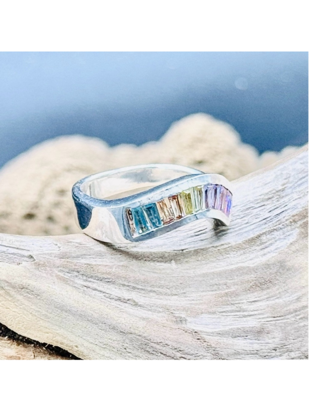Sterling Silver multi color, flat band with front asymmetrical wave